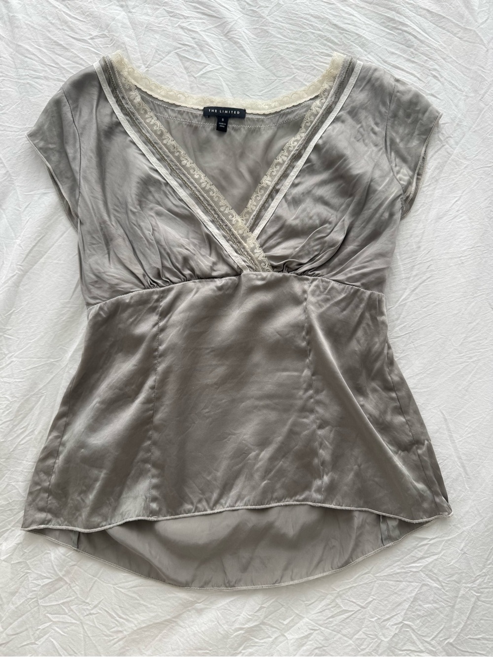The Limited vintage silver Satin V-Neck Lace Trim Blouse
